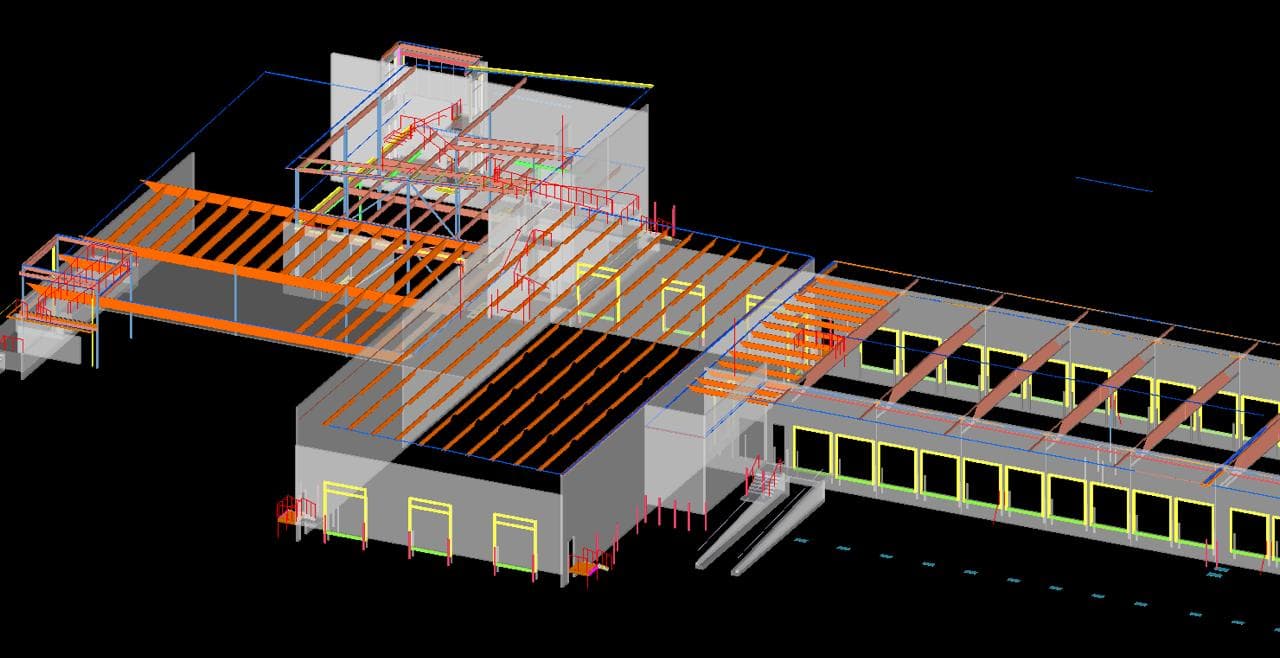 Building structural BIM model showing roof framing, wall panels and door openings for a commercial or industrial facility