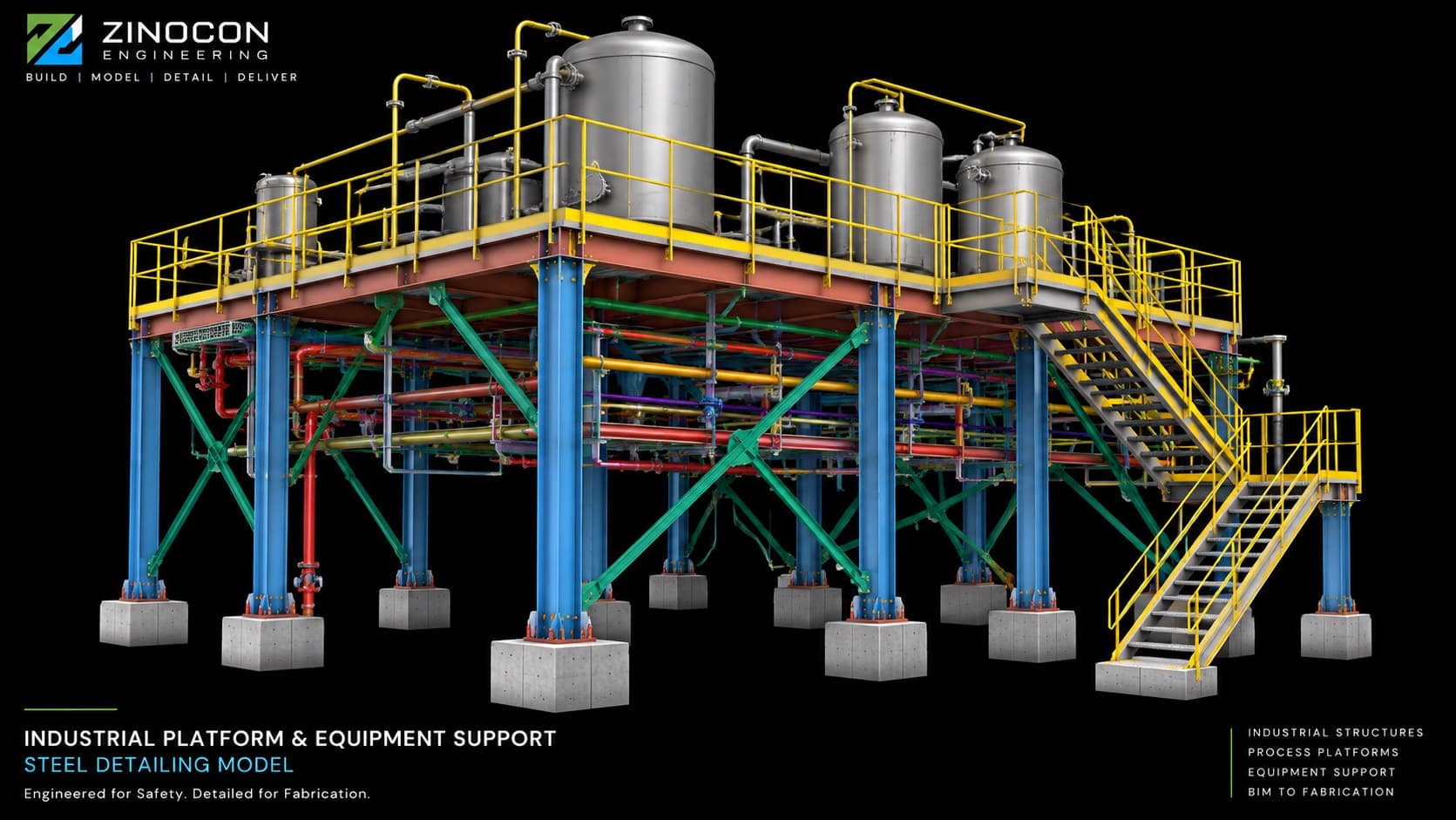 Branded steel detailing model of an industrial process platform with tanks, piping and color-coded equipment support steel