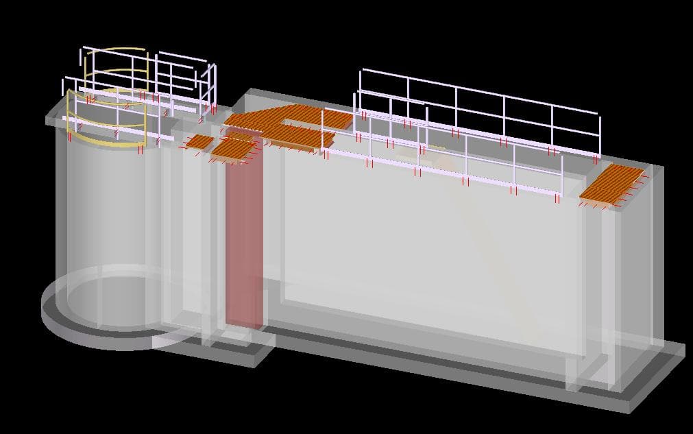 BIM model of an industrial vessel with surrounding access platforms, stairs and handrail steel detailing