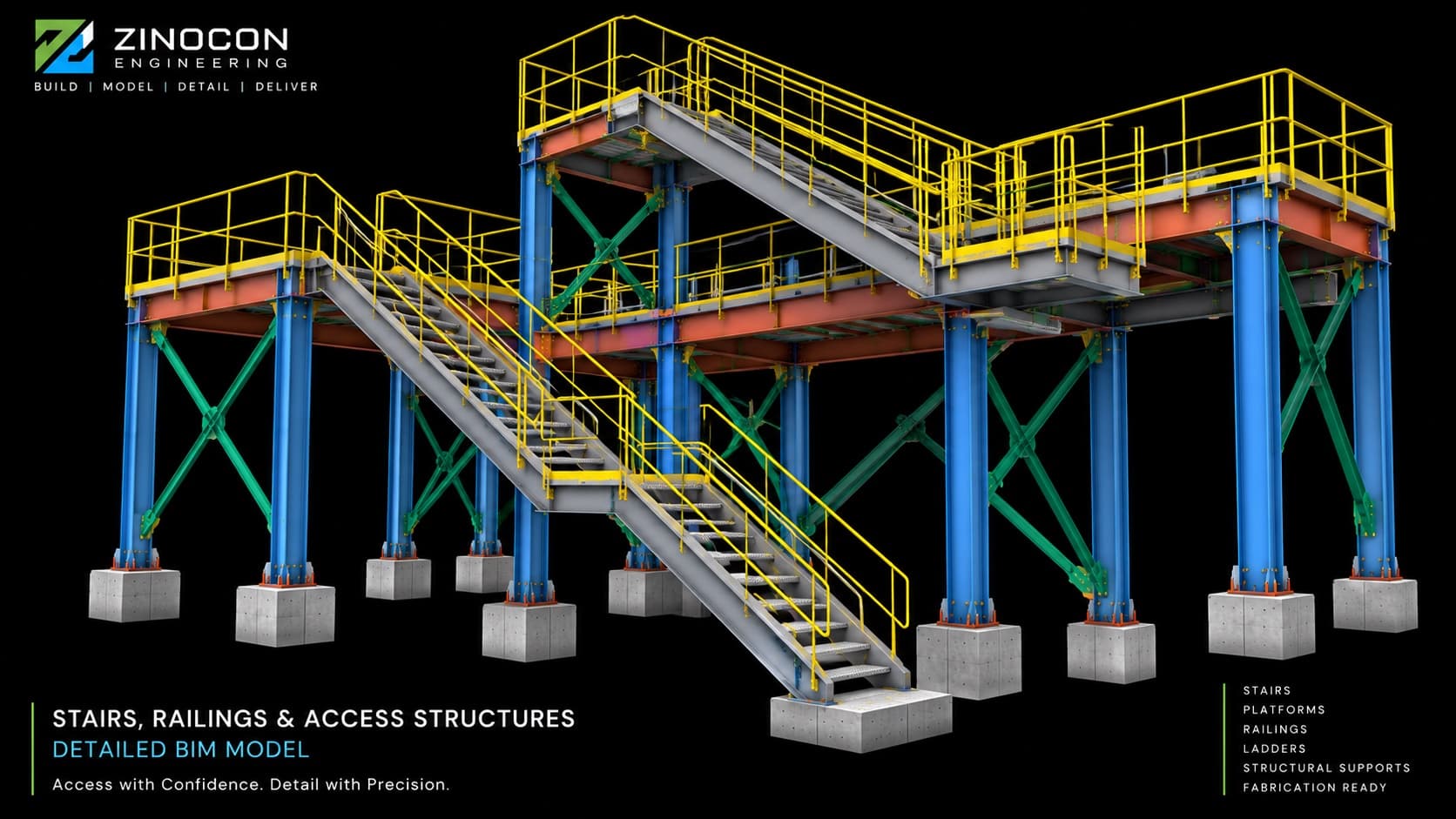 Branded BIM model of a multi-level stair and access platform structure with railings and cross-bracing