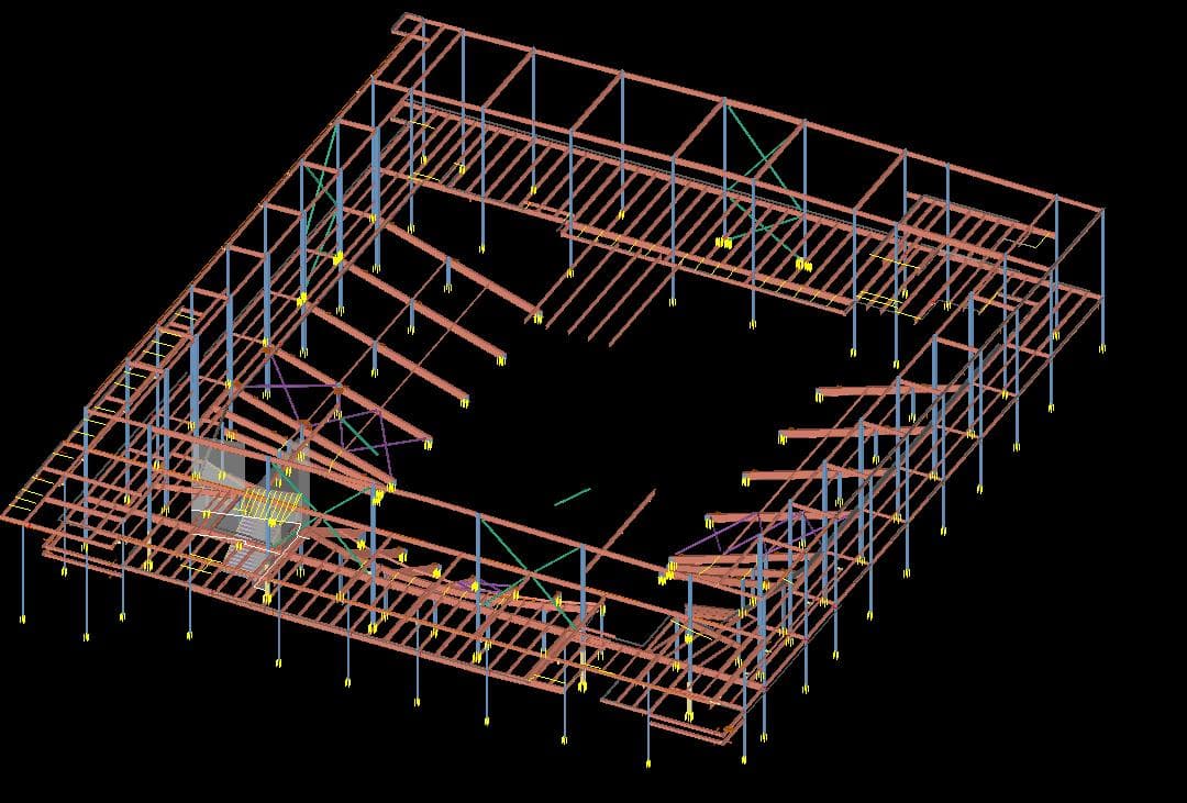 Structural steel framing model of a curved-perimeter building with coordinated beams, columns and bracing