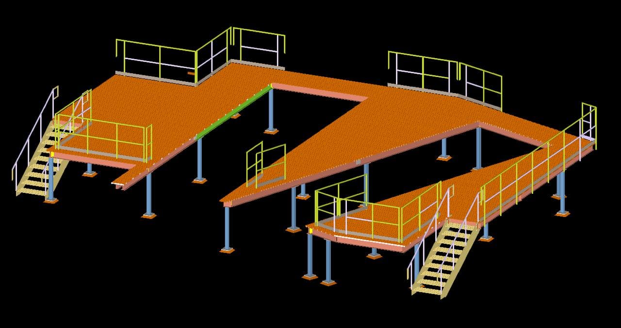 Steel detailing model of an elevated access platform with stairs, guardrails and framed decking on both ends