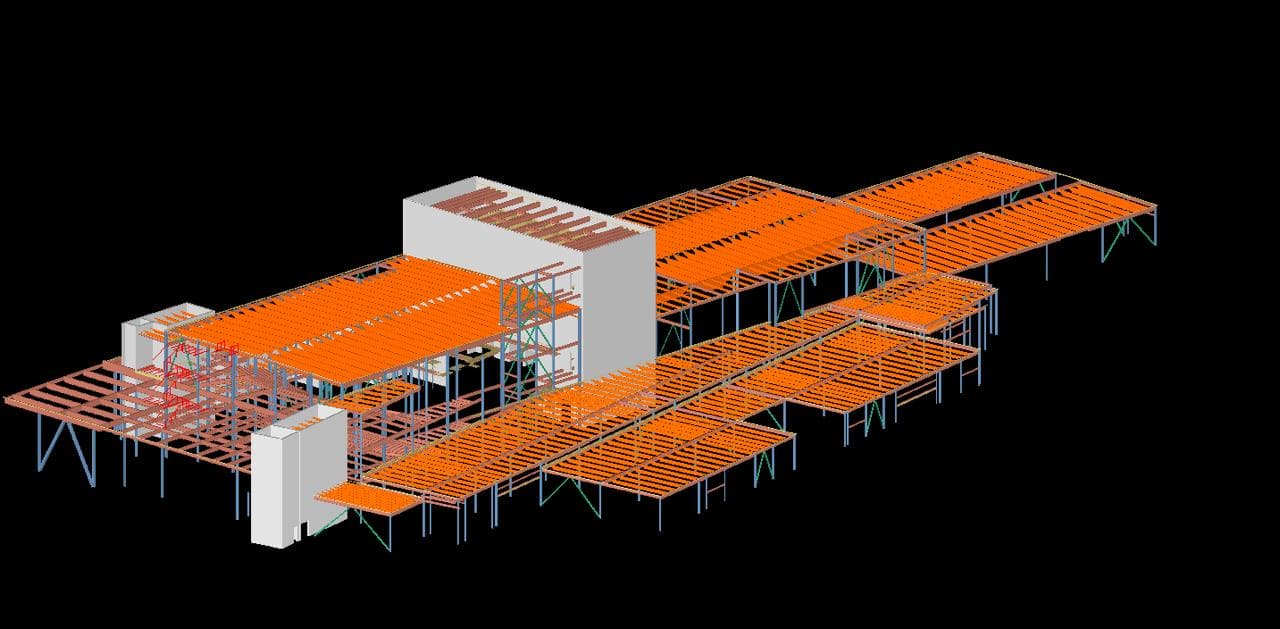 Isometric BIM model of a large industrial steel structure with roof decking, tanks and multi-level framing