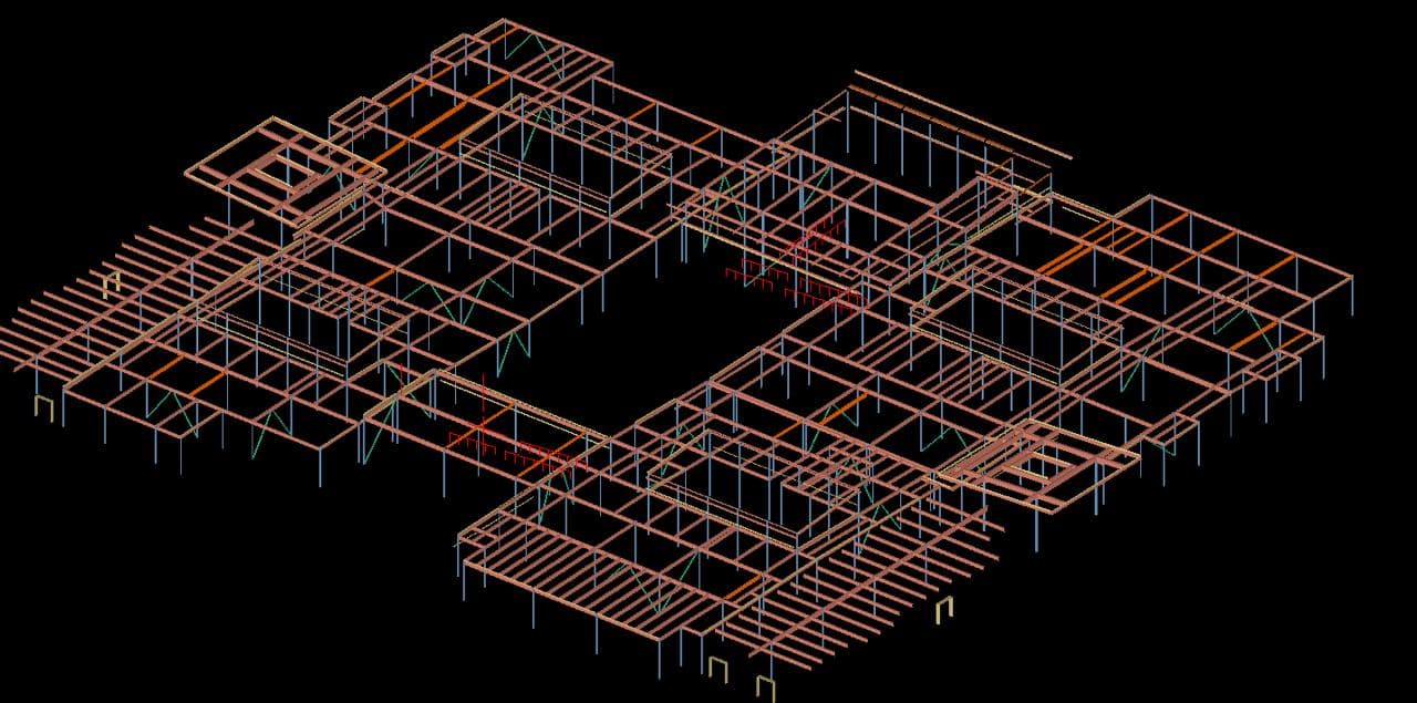 Wireframe structural steel framing plan showing beam layout and cross-bracing coordination around a central opening