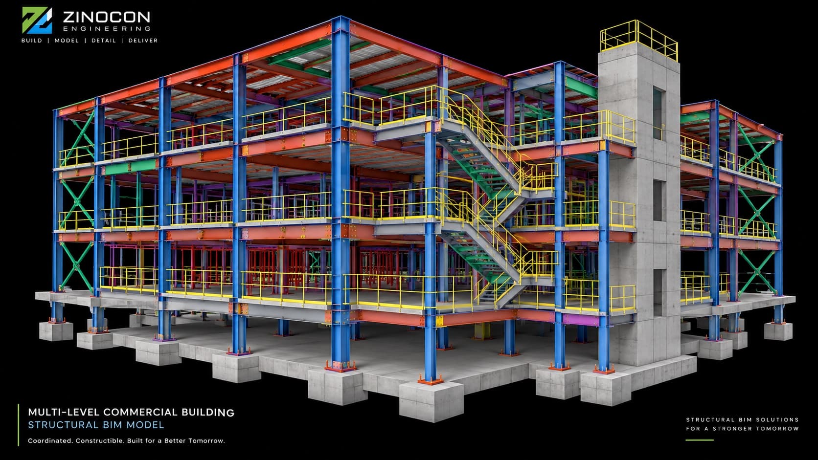 Branded structural BIM model of a multi-level commercial building with color-coded steel framing, stairs and a concrete core