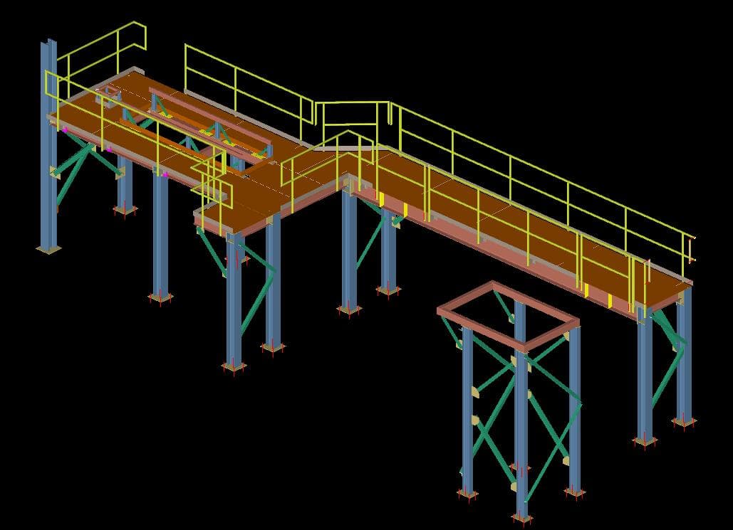 Detailed steel model of a multi-level elevated platform and support tower with cross-bracing and guardrails